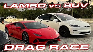 SUV vs Lamborghini  Tesla Model X Plaid vs Lamborghini Huracan EVO 14 Mile Drag Race [upl. by Yelha]