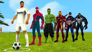 SpiderMan with challenge your soccer skills vs ronaldo vs messi vs Hulk vs iron man  5 superhero [upl. by Susan626]