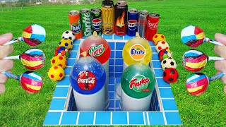 Pool Experiment Coca Cola of Fanta vs 4 Foam vs Balloons Football Sodas 7up Fruko Pepsi And Mentos [upl. by Negriv]