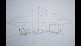 architecture how to draw a simple bathroom in 2 point perspective [upl. by Nerral]