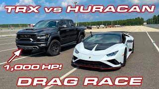 1000 HP TRX calls out Lambo  Dodge RAM TRX vs Lamborghini Huracan EVO RWD Drag Race [upl. by Aerda371]