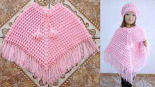 Como tejer el poncho N°28 a crochet en punto PANAL DE ABEJA para niñas y con lana gruesa paso a paso [upl. by Gregor946]