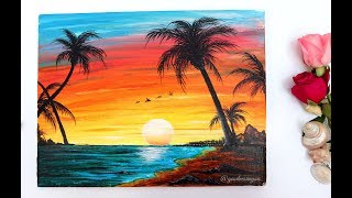 STEP by STEP Sunset Beach Landscape Painting for Beginners Using Acrylic Colours [upl. by Elynad]