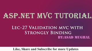 Lec27 Validation in MVC with Strongly Binding  ASPNET MVC Tutorial [upl. by Vig]