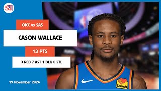 CASON WALLACE 13 PTS vs SAS 19 Nov 2425 OKC Highlights [upl. by Ajnat798]