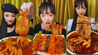 ASMR MUKBANG spicy enoki mushrooms amp crunchy and delicious octopus  satisfying  hungry mukbang [upl. by Reffotsirhc]