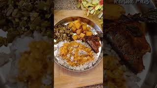 RIce with fish curry long beans with sprouts sukka red fried potatoes amp Mangalorean Mackrell fry [upl. by Atsuj2]