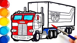 Howtodraw and color TRANSFORMERS OPTIMUS PRIME Trailer Truck  Learn Colors  Bonbon Toy Art [upl. by Oirram427]