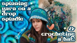 spinning yarn on a drop spindle amp crocheting a handspun bucket hat  spin to crochet vlog [upl. by Laughlin791]