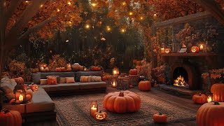 Autumn Forest Ambience 🍁 Soothing Jazz Gentle Rain and Pumpkin Glow by the Fireplace for Sleep 🎃 [upl. by Ettenoitna107]