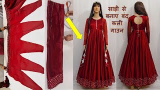 Anarkali Gown Cutting amp Stitchingसाड़ी से बंद कलियों का घेरदार गाउन बनाने का सबसे आसान तरीका I [upl. by Kendrah80]