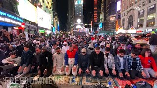 Hundreds Muslims Pray in Times Square for Ramadan [upl. by Ahsekim167]