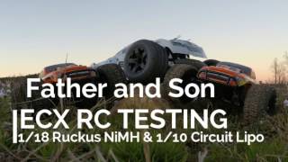 ECX Ruckus 118 NiMH 4x4 amp 110 Circuit Lipo 4x2 Action [upl. by Basir776]