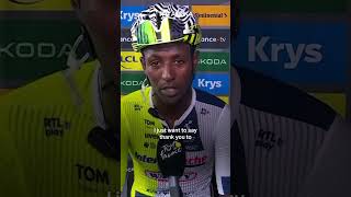 Eritrean Biniam Girmay speaks after becoming first Black African cyclist to win at Tour de France [upl. by Deerdre]