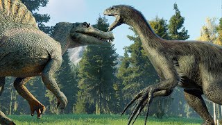 THERIZINOSAURUS vs SPINOSAURUS DINOSAURS BATTLE  Jurassic World Evolution 2 [upl. by Adlig]