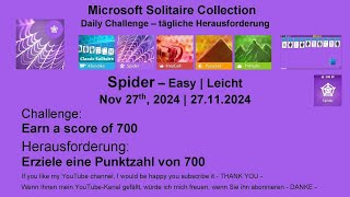 Solitaire Daily Challenges  Spider  Easy  Nov 27th 2024 [upl. by Aurie]