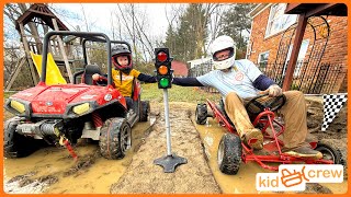 Mud racing kids ride on truck vs dads gokart through mud jump and woods Educational  Kid Crew [upl. by Yeliah493]