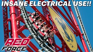 This Roller Coaster Uses INSANE Electricity  Red Force at Ferrari Land [upl. by Hgielyak]