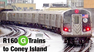 ⁴ᴷ R160 G Trains to Coney Island Action [upl. by Haswell]