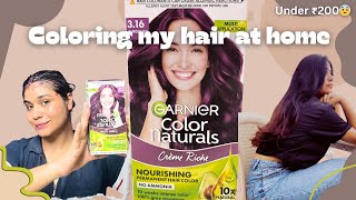 Coloring my hair at home Under ₹200 Using garnier 316 Burgundy Review  Demo [upl. by Nywloc]