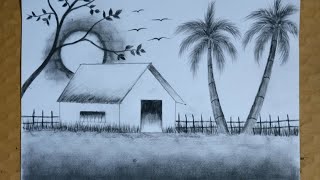 Moonlight Landscape Scenery Drawing with Pencil Sketch  Easy Pencil Drawing [upl. by Ardnod]