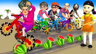 Scary Teacher 3D vs Squid Game Bicycle Wheel Saw Cutting Watermelon Nice or Error 5 Times Challenge [upl. by Vas]