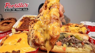 MUKBANG EATING PORTILLOS CHILLI CHEESE DOG CHILLI CHEESE FRIES ITALIAN BEEF CRISPY ONION RINGS ASMR [upl. by Koren]