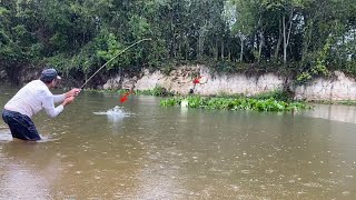 NUNCA vi um PEIXE envergar a vara de BAMBU em uma RAPIDEZ dessa O coração quase que parou na boca [upl. by Adihsaar]