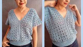 Blusa a crochet con cuello en V para mujer ¡SÚPER FÁCIL y paso a paso [upl. by Elvera]