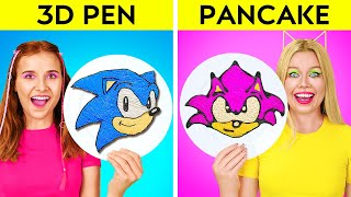 FANTASTIC 3D PEN VS PANCAKE ART CHALLENGE PART 2  Sonic is Missing Cool DIY Ideas by 123 GO [upl. by Lyrak]