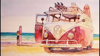 How to Draw a VW Camper Van KOMBI Watercolor KOMBI camping beach [upl. by Sorenson]