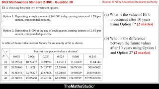 2022 Maths Standard 2 HSC Q30 Compare annuity vs lump sum investment using future value table [upl. by Snilloc485]