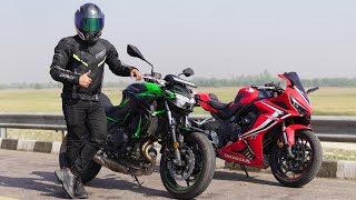 Kawasaki Z650 vs CBR650R  Comparison amp Short Race [upl. by Narad]