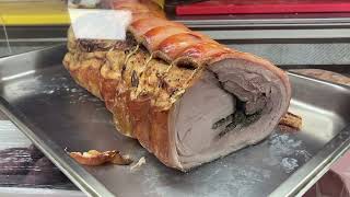 PORCHETTA TOSCANA slicing classic roast pork with rosemarysage stuffing ASMR Tuscan deli [upl. by Gutow940]