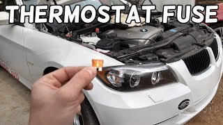 BMW OVERHEATING THERMOSTAT FUSE LOCATION AND REPLACEMENT BMW E90 E91 E92 E93 [upl. by Namrej]