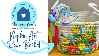 Napkin Art Cotton Rope Basket Decoupage Craft Tutorial [upl. by Relyt]