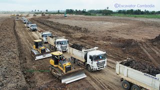 Amazing Good Action Bulldozer Pushing Dirt And Dump Truck Unloading  អាប៉ុលរុញដី ឡានចាក់ដី [upl. by Cartwright]