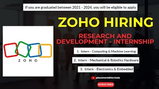 Research amp Development Internship Opportunities at Zoho  Apply Now  2024 [upl. by Grantley]