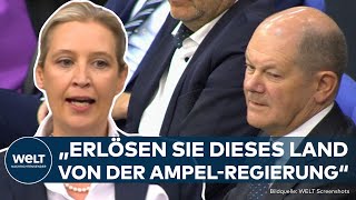 HAUSHALTSKRISE quotRücktrittserklärungquot AfDChefin Alice Weidel fordert Olaf Scholz zum Rücktritt auf [upl. by Deste713]