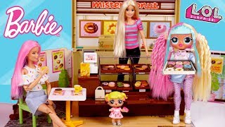 Barbie LOL Family Donut Shop Breakfast Routine with Baby Goldie amp Twins [upl. by Naaitsirhc697]