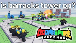 Barracks Tower Review Doomspire Defense REWRITE  ROBLOX [upl. by Naillimxam409]