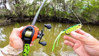 Catching GIANT Bass on FROGS in HIDDEN Creeks River Fishing [upl. by Siver677]