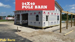 Framing up a 24x40 pole barn building with 10’ Porch  building out the sidewall [upl. by Oigroeg]