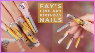 Fays Birthday Nails  Yellow And Grey Line Art [upl. by Lionello]