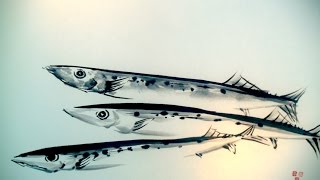 Saury Fish Sumie  さんま 水墨画の描き方 [upl. by Llerruj528]