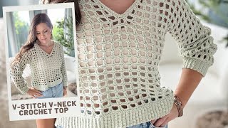 Mesh Stitch VNeck Crochet Top  Free Crochet Pattern  Fishnet Crochet Top [upl. by Attenrad332]