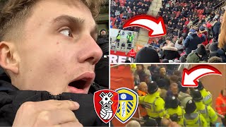 AWAY FANS CAUSE CHAOS IN THE HOME END  Rotherham United vs Leeds United [upl. by Trixi]