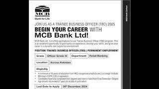 Trainee Business Officer Jobs in MCB Bank November 2024 December Apply Online TBO Program Latest [upl. by Uchida]