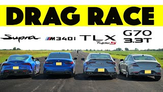 BMW M340i vs Acura TLX Type S vs Genesis G70 vs Toyota Supra Drag Race [upl. by Llirred]