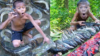 Primitive Technology  Kmeng Prey  Meet All Fish In Waterfall And Cooking Eating Delicious [upl. by Elledoj]